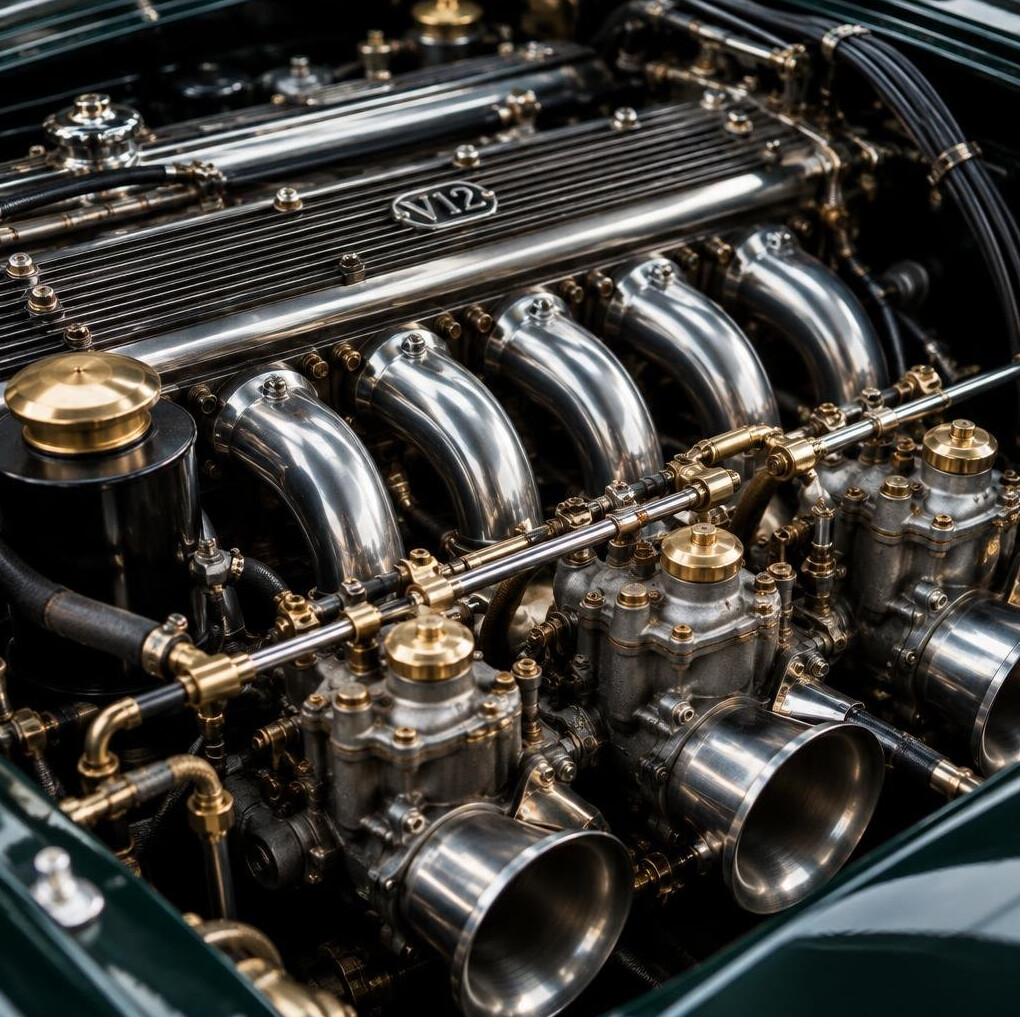 Close-up of a polished vintage V12 engine bay with chrome details