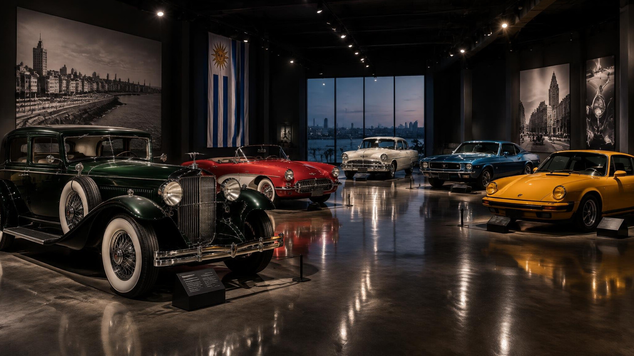 Interior of a classic car exhibition hall with vintage automobiles under dramatic lighting