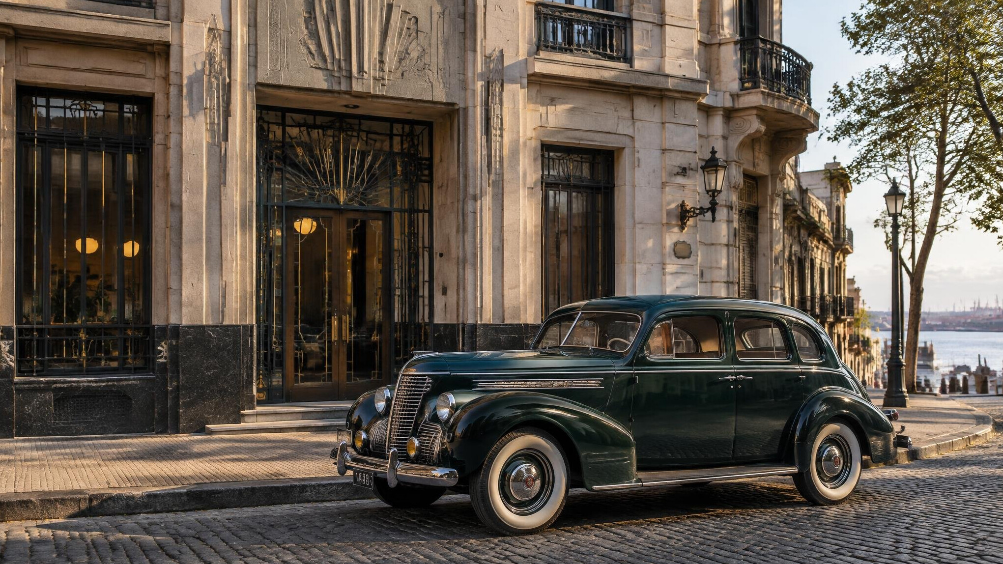Historic facade in Ciudad Vieja Montevideo with a parked vintage automobile