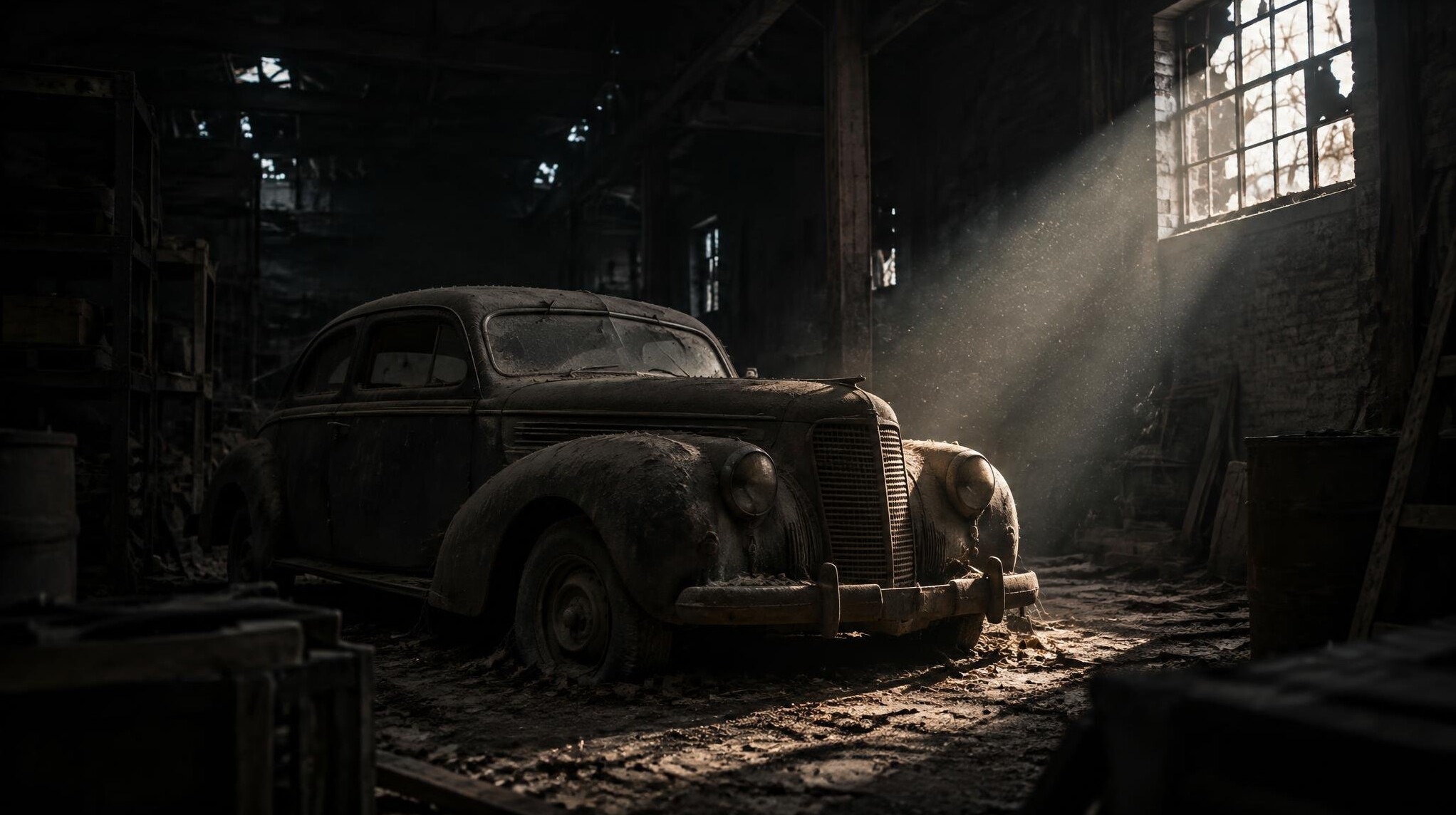 A dust covered vintage automobile forgotten inside an old warehouse
