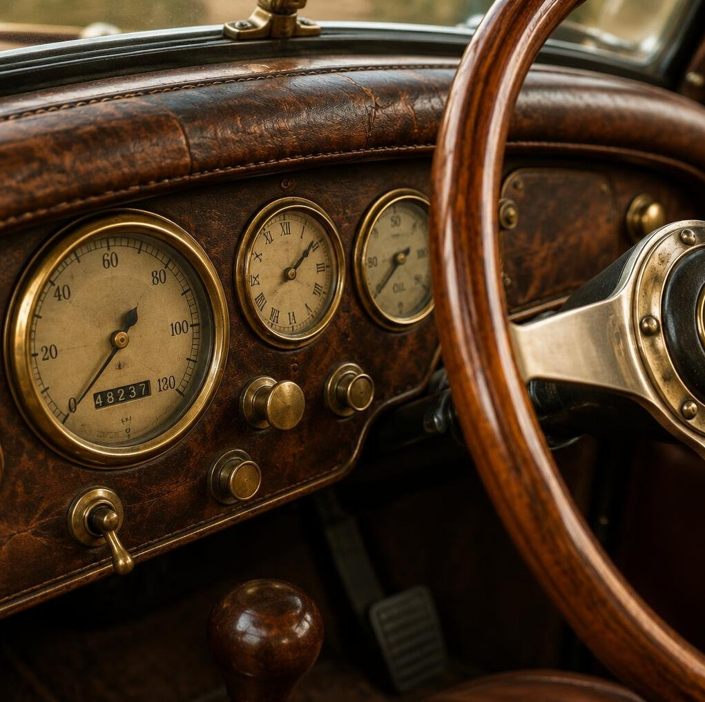 Close-up of a vintage automobile leather dashboard with analog gauges and wooden trim