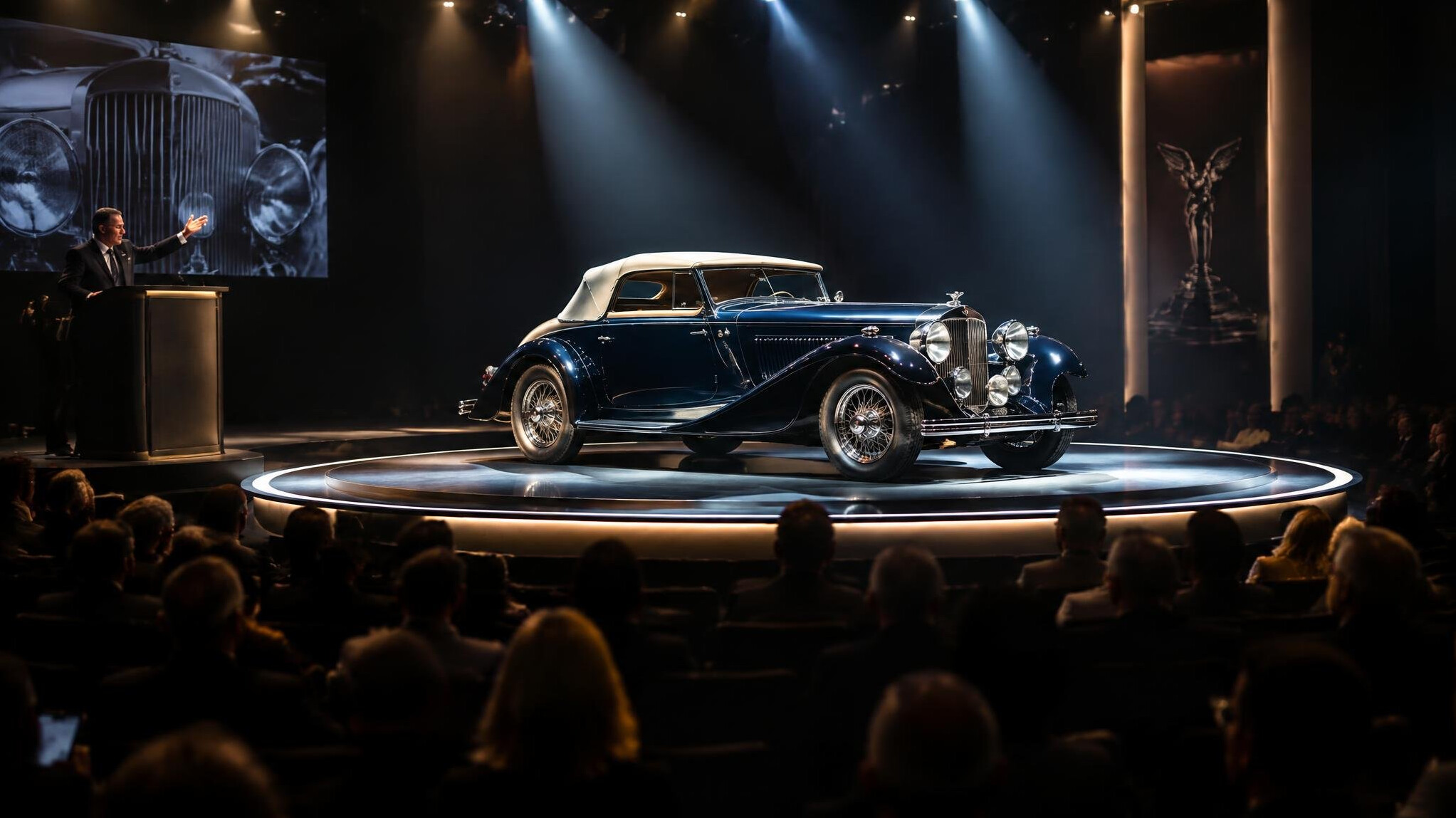Vintage automobile displayed on a rotating stage at an auction event
