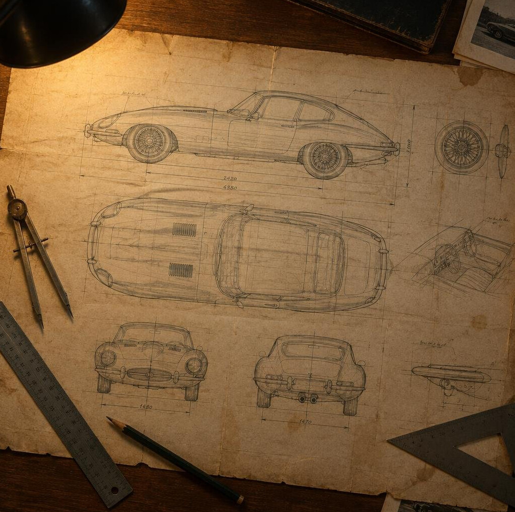 Vintage automobile design blueprint sketch with technical annotations