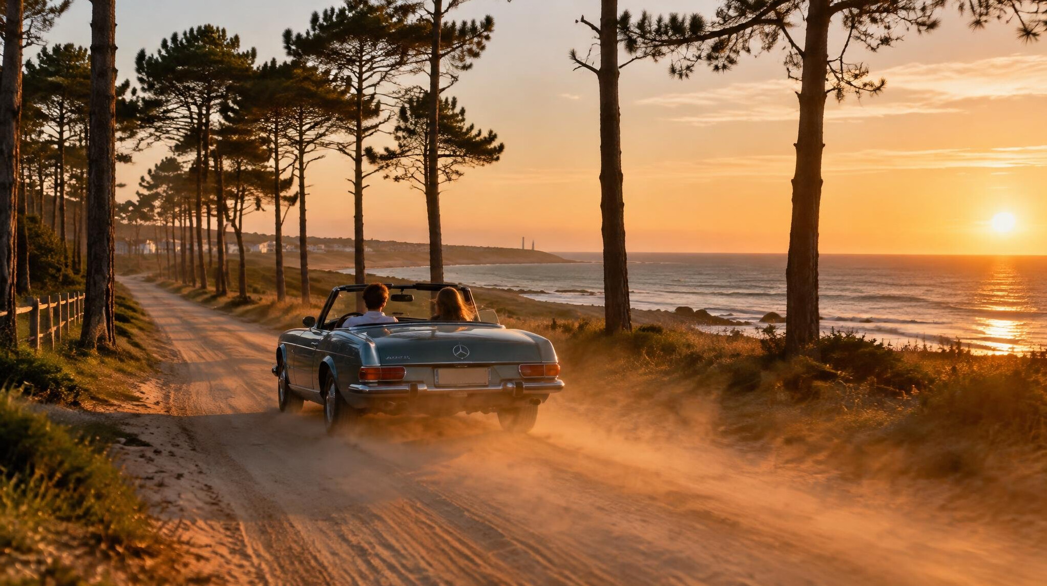 Convertible car driving along a scenic coastal road near Jose Ignacio at sunset