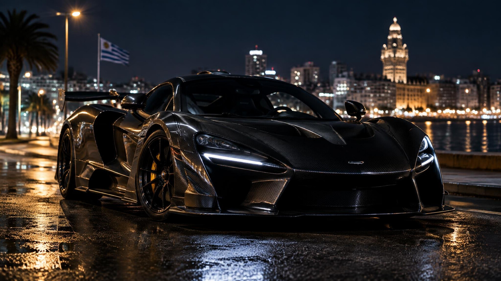 Modern hypercar with sharp aerodynamic lines parked at night with city lights in background
