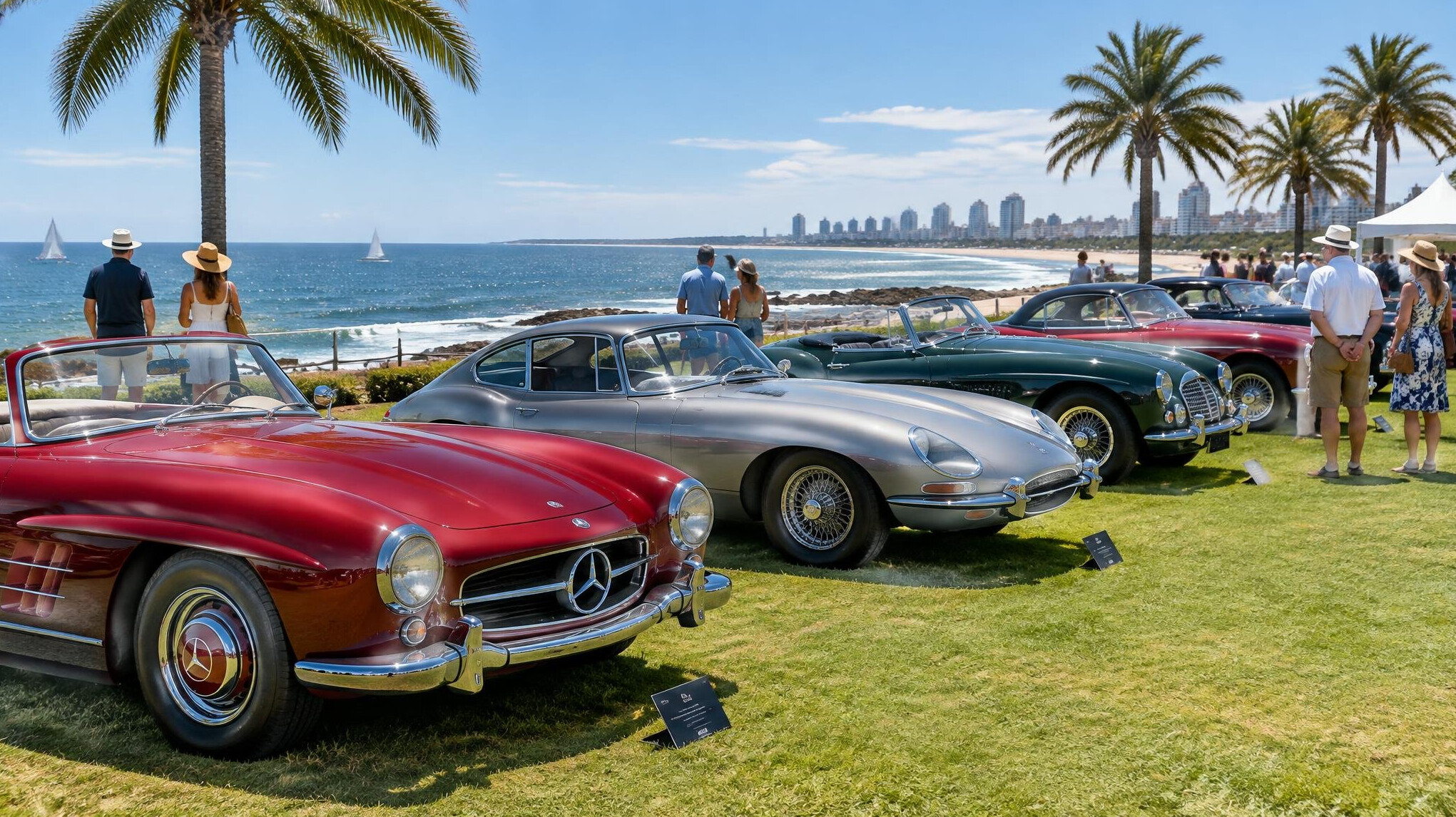 Outdoor classic car exhibition on the coast of Punta del Este with palm trees