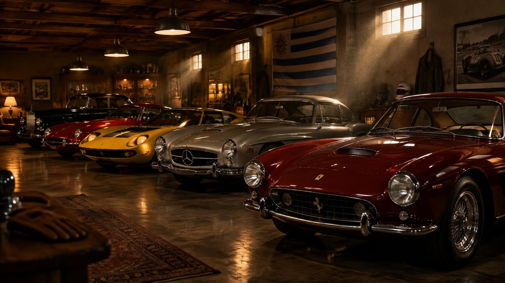 Private garage with a row of rare collector automobiles under warm light