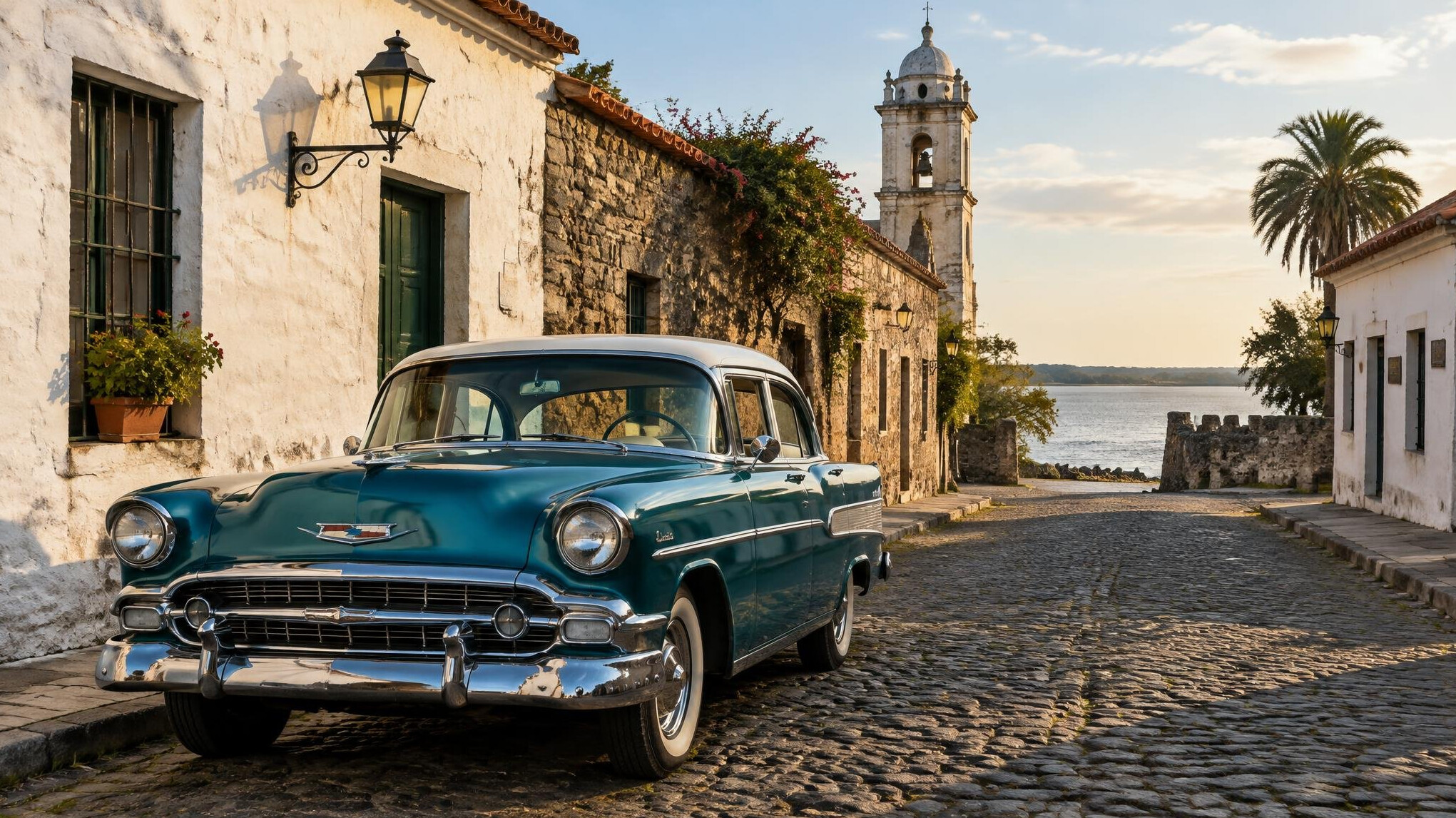 Vintage car parked on the cobblestone streets of Colonia del Sacramento